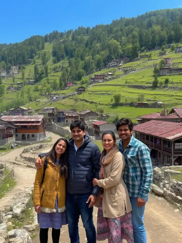 Family tour in Uttarakhand with green mountain village, scenic hill views, traditional homes and peaceful nature