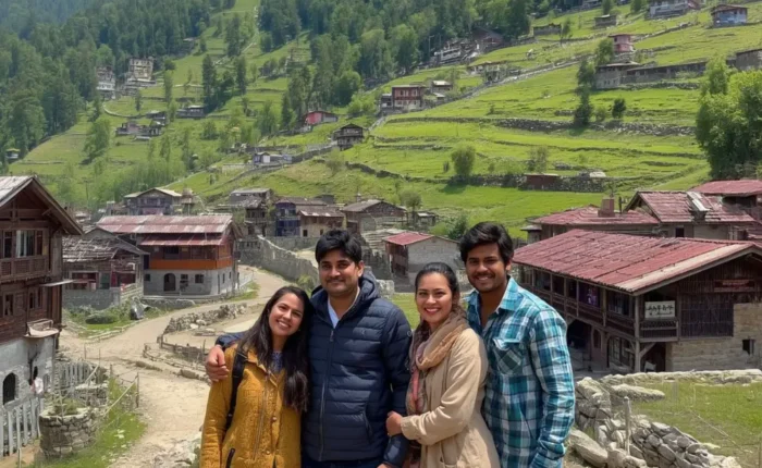 Family tour in Uttarakhand with green mountain village, scenic hill views, traditional homes and peaceful nature