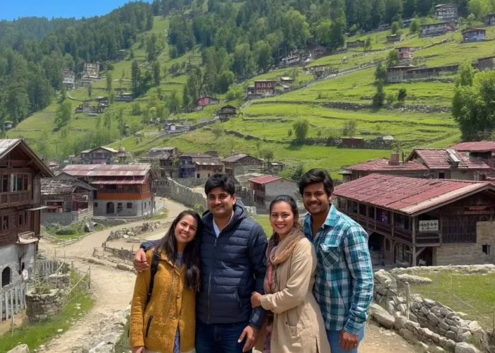 Family tour in Uttarakhand with green mountain village, scenic hill views, traditional homes and peaceful nature