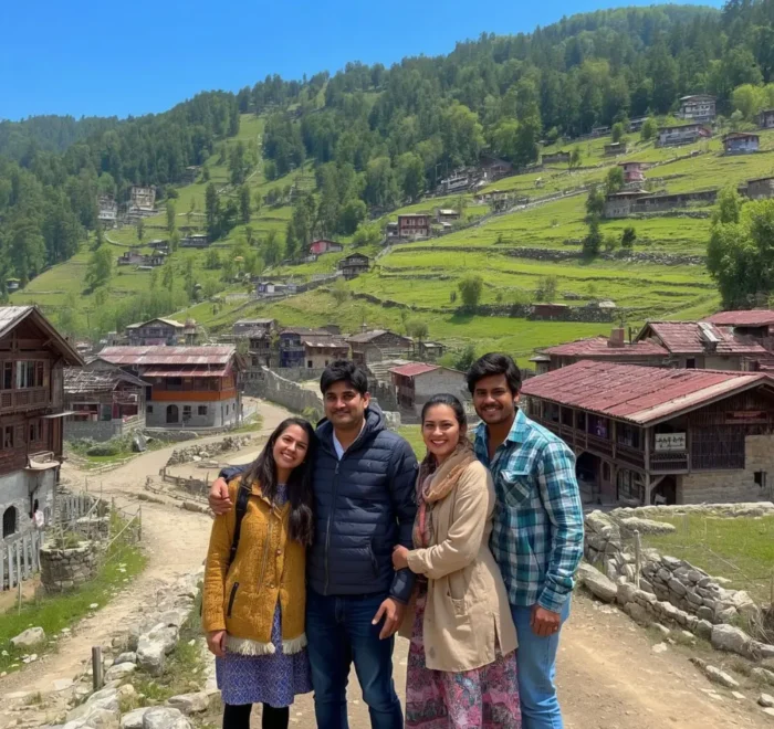 Family tour in Uttarakhand with green mountain village, scenic hill views, traditional homes and peaceful nature