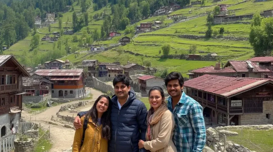 Family tour in Uttarakhand with green mountain village, scenic hill views, traditional homes and peaceful nature