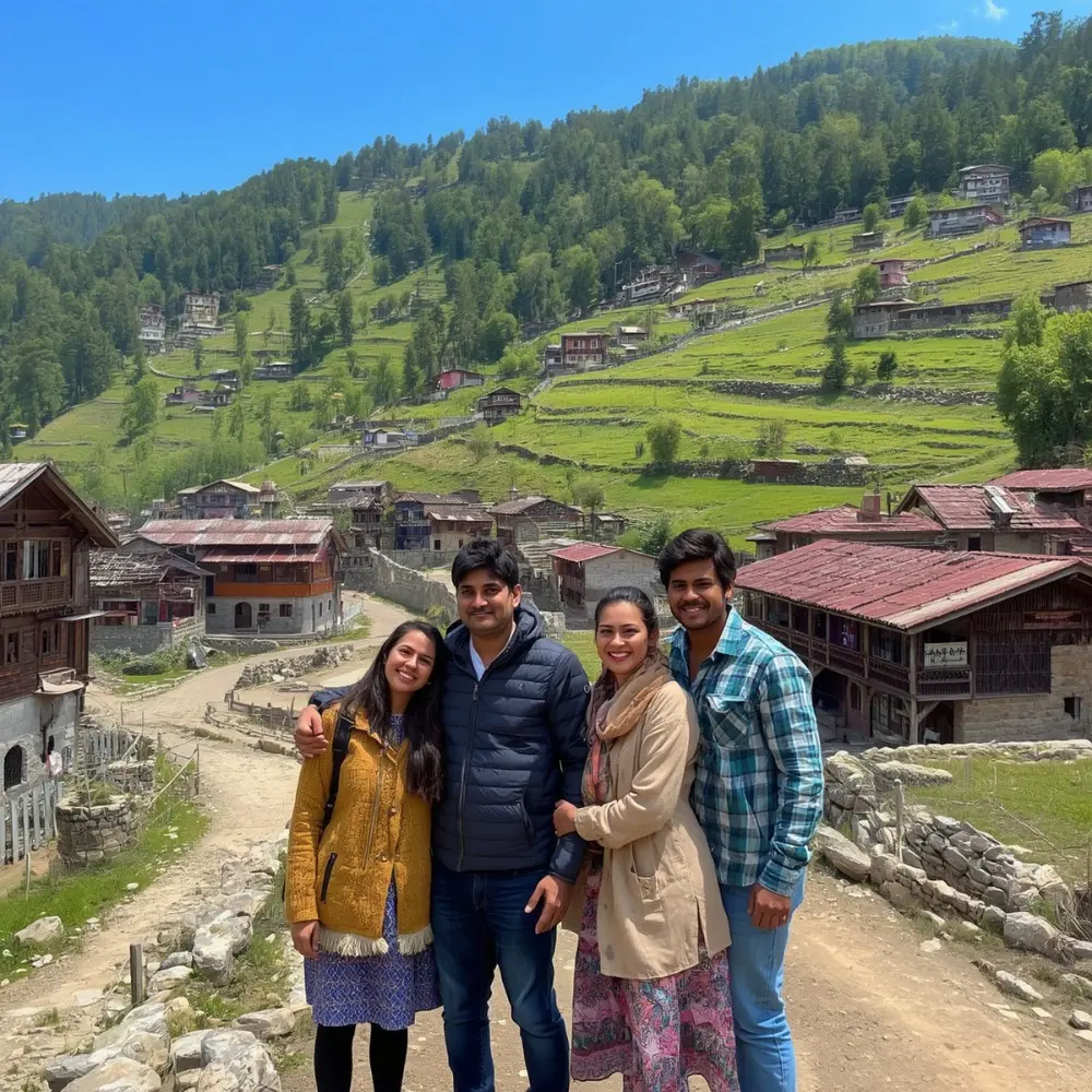 Family tour in Uttarakhand with green mountain village, scenic hill views, traditional homes and peaceful nature