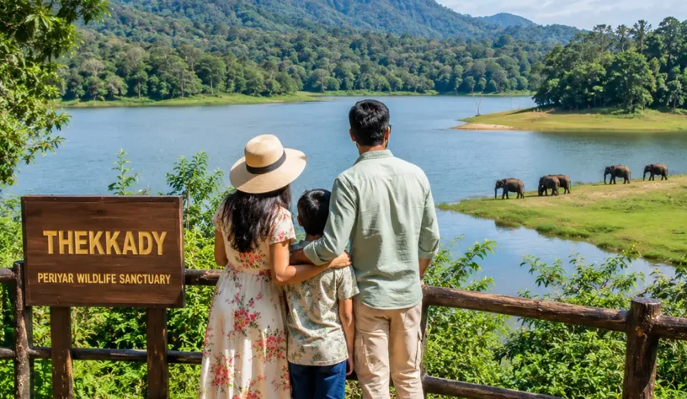Family enjoying Thekkady with lush Periyar forest, calm lake views and clear morning light in Kerala.