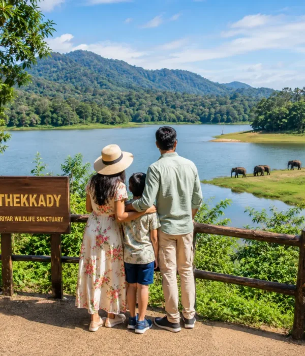 Family enjoying Thekkady with lush Periyar forest, calm lake views and clear morning light in Kerala.