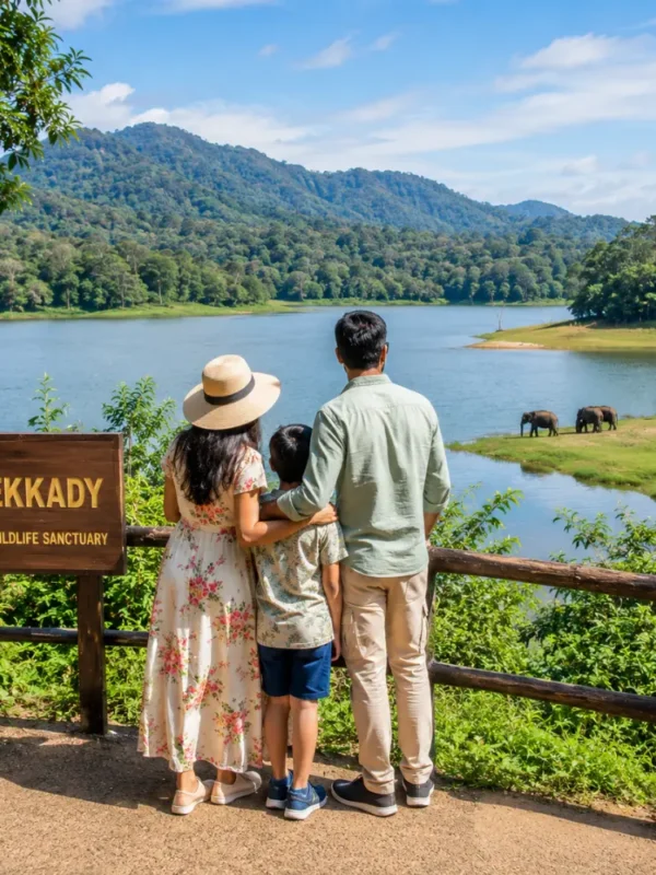 Family enjoying Thekkady with lush Periyar forest, calm lake views and clear morning light in Kerala.