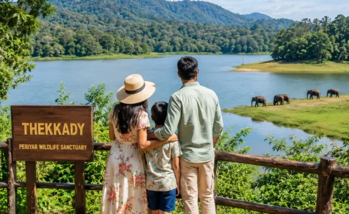 Family enjoying Thekkady with lush Periyar forest, calm lake views and clear morning light in Kerala.
