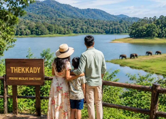 Family enjoying Thekkady with lush Periyar forest, calm lake views and clear morning light in Kerala.