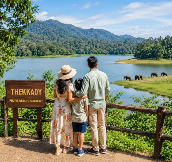 Family enjoying Thekkady with lush Periyar forest, calm lake views and clear morning light in Kerala.