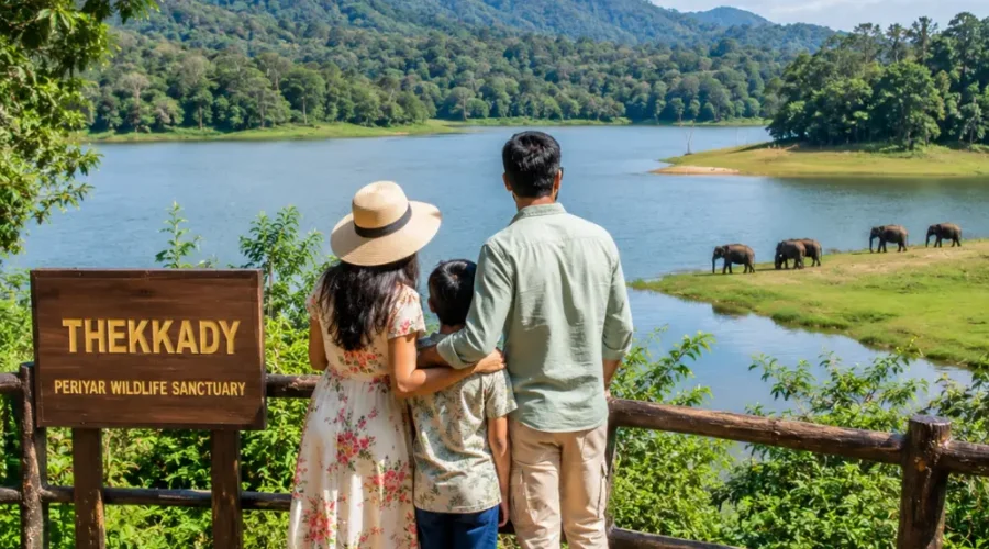 Family enjoying Thekkady with lush Periyar forest, calm lake views and clear morning light in Kerala.
