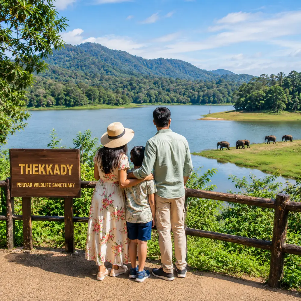 Family enjoying Thekkady with lush Periyar forest, calm lake views and clear morning light in Kerala.