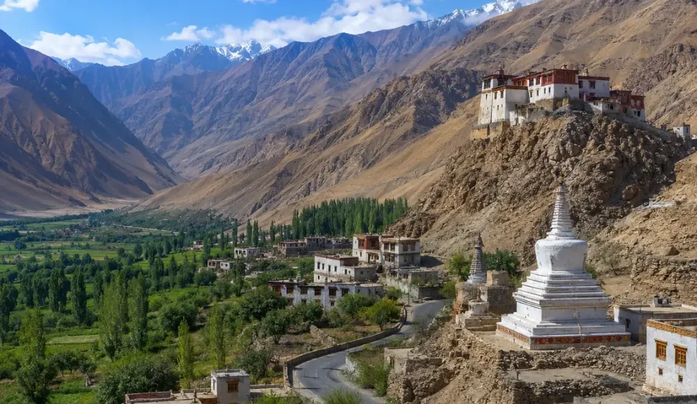 Ultra-realistic Sham Valley landscape in Ladakh with monastery, white stupa, village road, green valley, and rugged mountains.