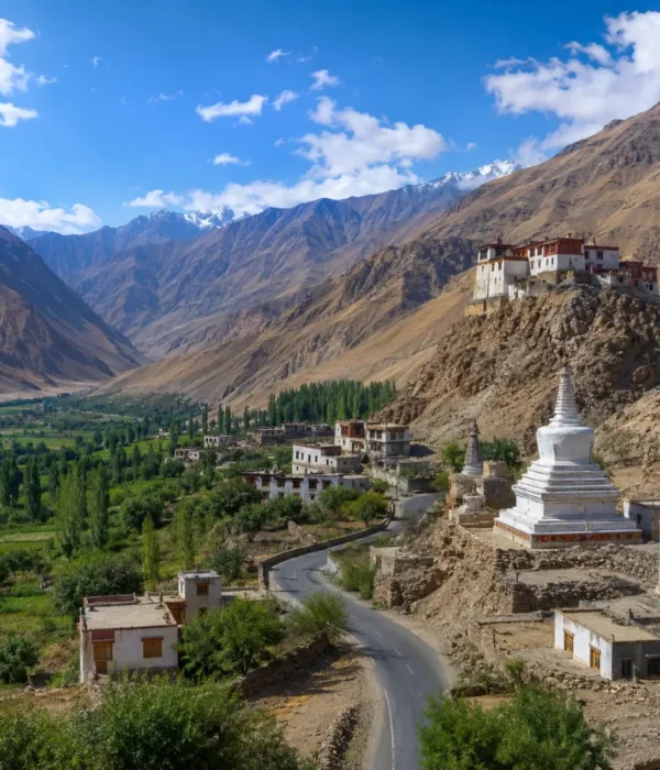 Ultra-realistic Sham Valley landscape in Ladakh with monastery, white stupa, village road, green valley, and rugged mountains.