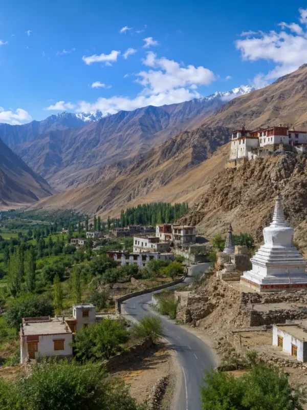 Ultra-realistic Sham Valley landscape in Ladakh with monastery, white stupa, village road, green valley, and rugged mountains.