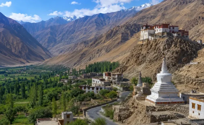 Ultra-realistic Sham Valley landscape in Ladakh with monastery, white stupa, village road, green valley, and rugged mountains.