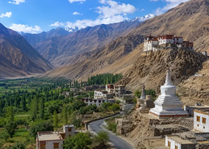 Ultra-realistic Sham Valley landscape in Ladakh with monastery, white stupa, village road, green valley, and rugged mountains.