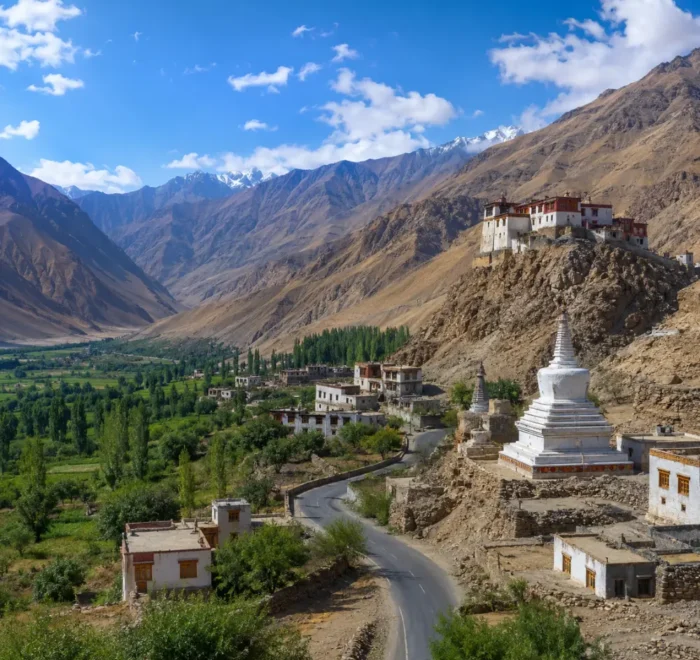 Ultra-realistic Sham Valley landscape in Ladakh with monastery, white stupa, village road, green valley, and rugged mountains.