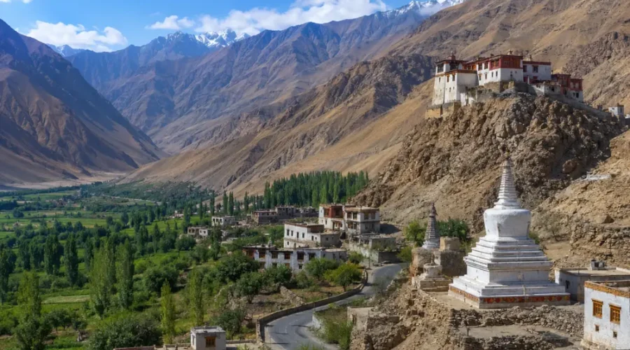 Ultra-realistic Sham Valley landscape in Ladakh with monastery, white stupa, village road, green valley, and rugged mountains.
