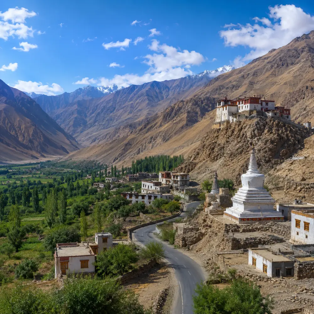 Ultra-realistic Sham Valley landscape in Ladakh with monastery, white stupa, village road, green valley, and rugged mountains.