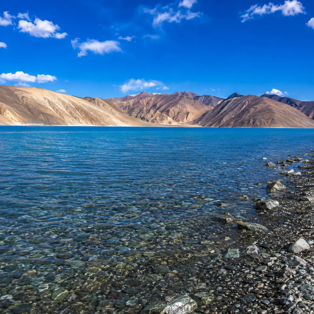 Crystal-clear Pangong Lake in Ladakh with turquoise blue water, rocky shoreline, and barren Himalayan mountains.