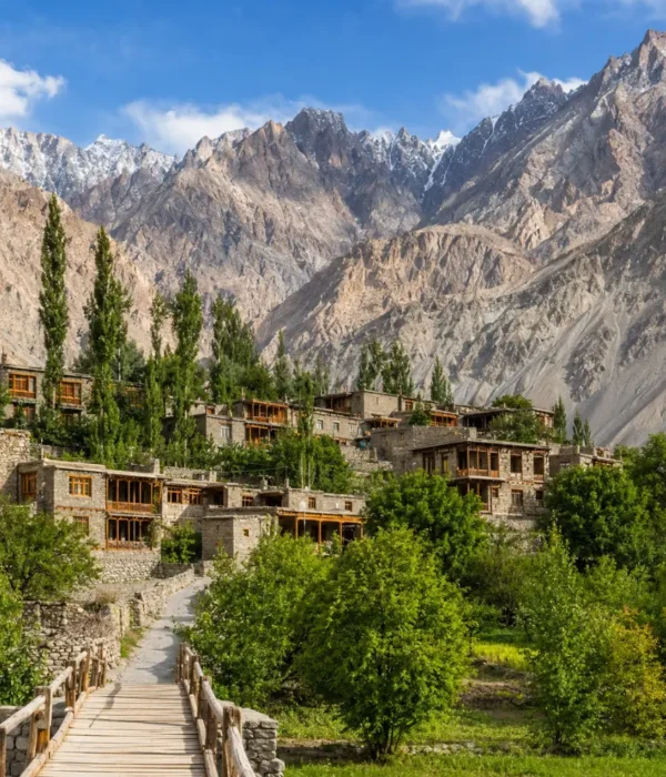Scenic Turtuk village in Ladakh with traditional stone houses, wooden bridge, green trees, and rugged mountain peaks.