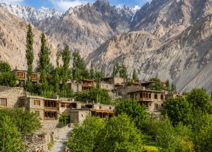 Scenic Turtuk village in Ladakh with traditional stone houses, wooden bridge, green trees, and rugged mountain peaks.