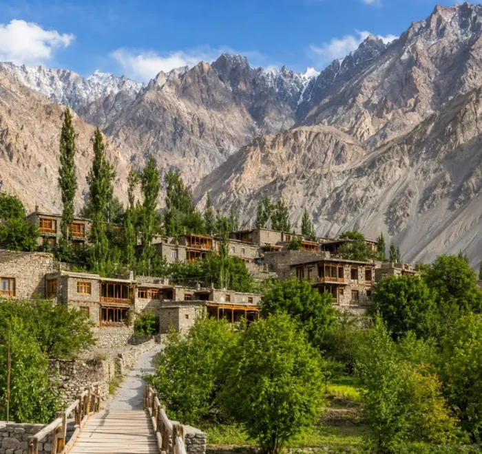 Scenic Turtuk village in Ladakh with traditional stone houses, wooden bridge, green trees, and rugged mountain peaks.