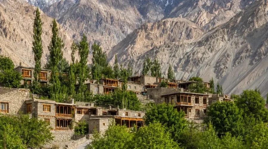 Scenic Turtuk village in Ladakh with traditional stone houses, wooden bridge, green trees, and rugged mountain peaks.