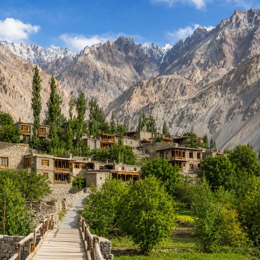 Scenic Turtuk village in Ladakh with traditional stone houses, wooden bridge, green trees, and rugged mountain peaks.