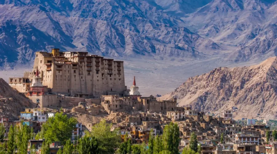 Scenic Leh town in Ladakh with historic palace, green valley, traditional buildings, and snow-capped mountains.