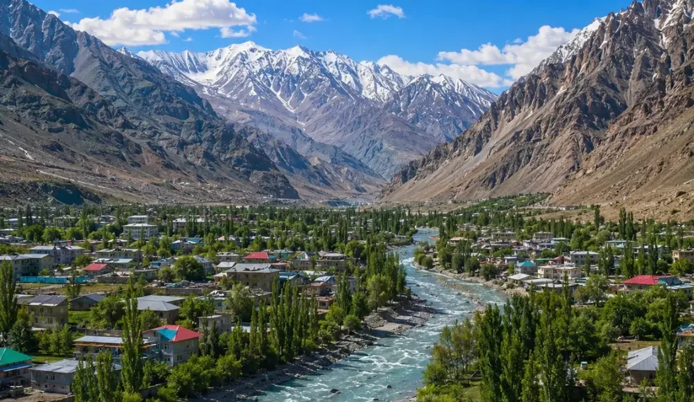 Ultra-realistic Kargil valley landscape with river, green town, snow-capped mountains, and dramatic Himalayan scenery.