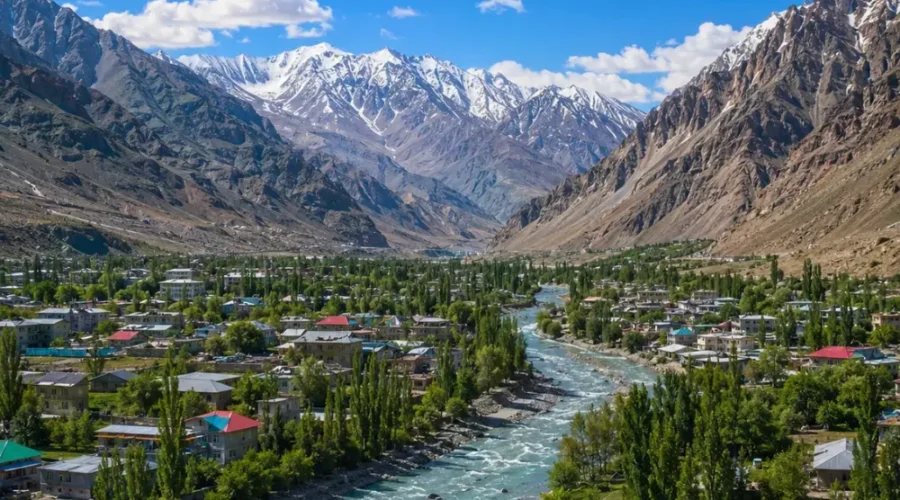 Ultra-realistic Kargil valley landscape with river, green town, snow-capped mountains, and dramatic Himalayan scenery.