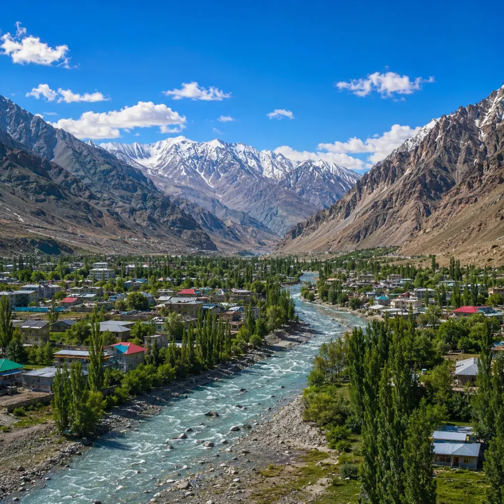 Ultra-realistic Kargil valley landscape with river, green town, snow-capped mountains, and dramatic Himalayan scenery.
