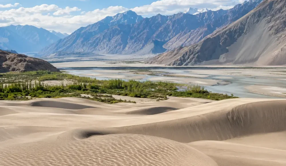 Ultra-realistic Nubra Valley landscape with Hunder sand dunes, green oasis, river channels, and rugged Ladakh mountains.