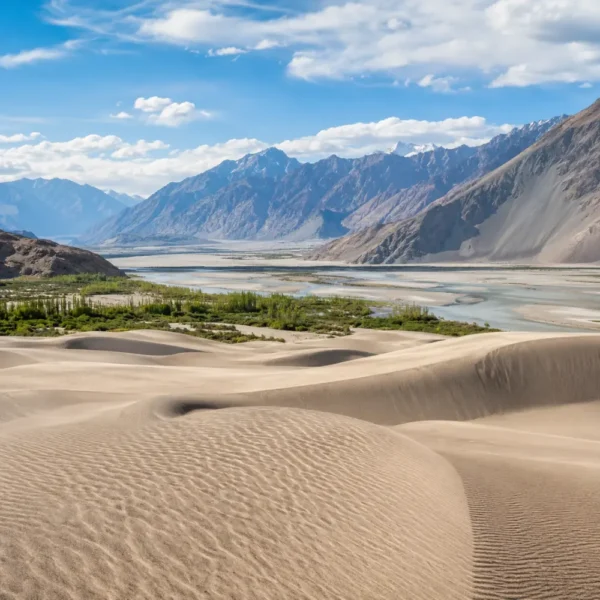 Ultra-realistic Nubra Valley landscape with Hunder sand dunes, green oasis, river channels, and rugged Ladakh mountains.