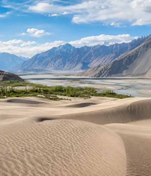 Ultra-realistic Nubra Valley landscape with Hunder sand dunes, green oasis, river channels, and rugged Ladakh mountains.