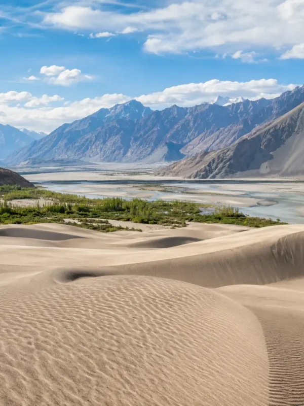 Ultra-realistic Nubra Valley landscape with Hunder sand dunes, green oasis, river channels, and rugged Ladakh mountains.