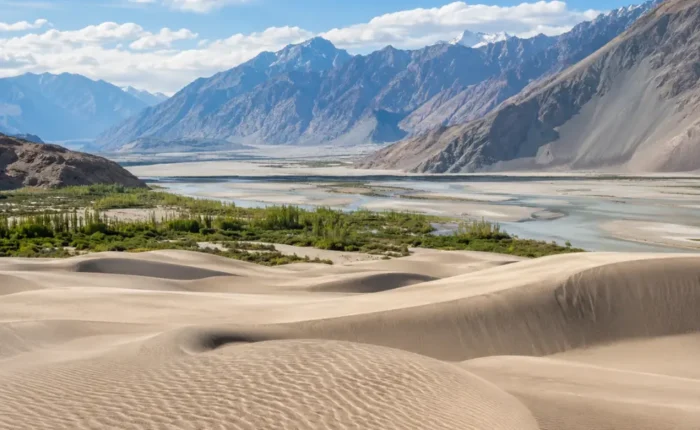 Ultra-realistic Nubra Valley landscape with Hunder sand dunes, green oasis, river channels, and rugged Ladakh mountains.