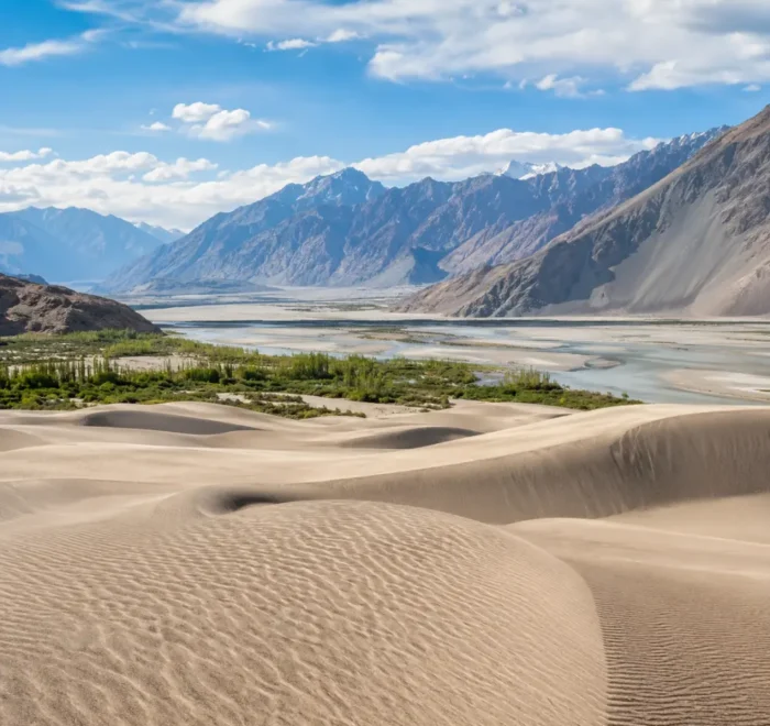 Ultra-realistic Nubra Valley landscape with Hunder sand dunes, green oasis, river channels, and rugged Ladakh mountains.