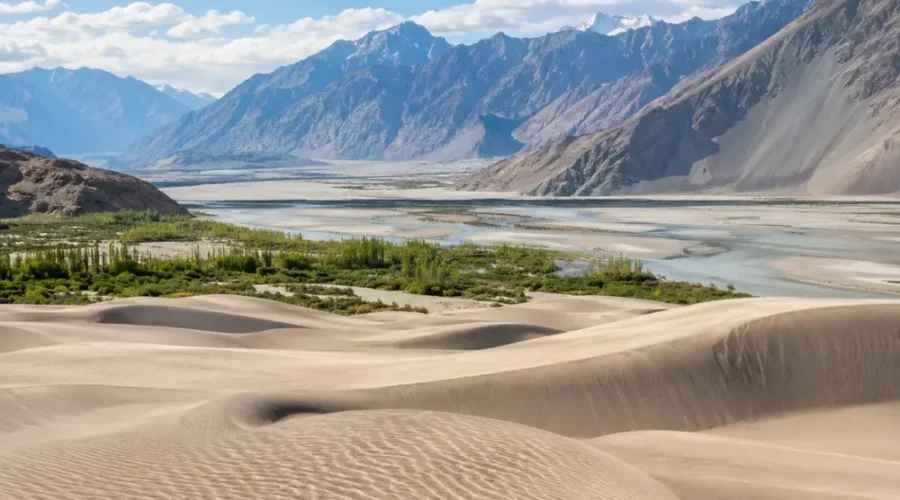 Ultra-realistic Nubra Valley landscape with Hunder sand dunes, green oasis, river channels, and rugged Ladakh mountains.