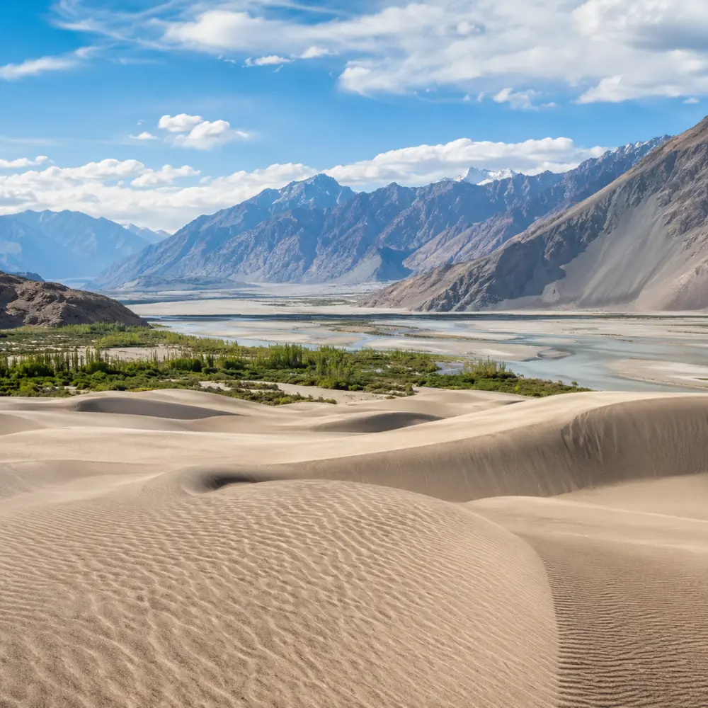 Ultra-realistic Nubra Valley landscape with Hunder sand dunes, green oasis, river channels, and rugged Ladakh mountains.