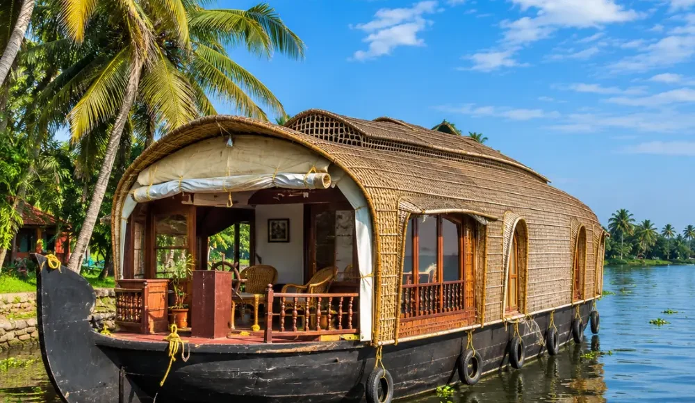 Alleppey houseboat floating on peaceful Kerala backwaters with coconut palms and clear morning daylight.