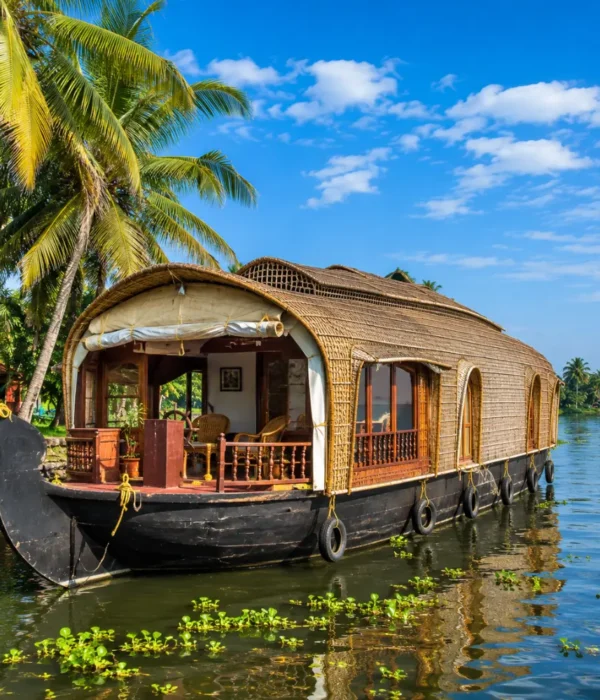 Alleppey houseboat floating on peaceful Kerala backwaters with coconut palms and clear morning daylight.