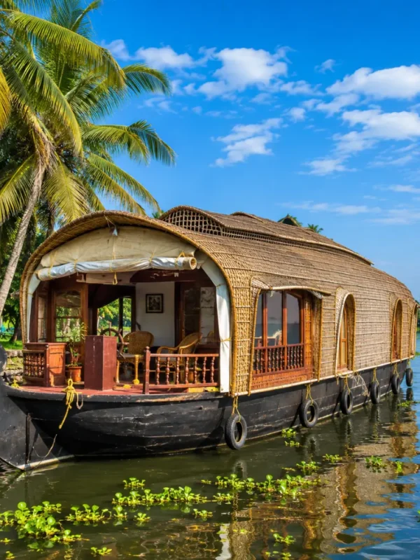 Alleppey houseboat floating on peaceful Kerala backwaters with coconut palms and clear morning daylight.