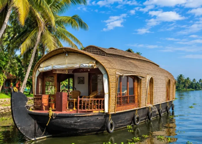 Alleppey houseboat floating on peaceful Kerala backwaters with coconut palms and clear morning daylight.
