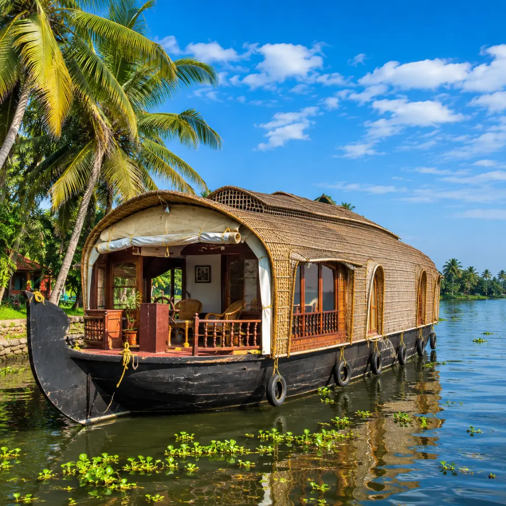 Alleppey houseboat floating on peaceful Kerala backwaters with coconut palms and clear morning daylight.