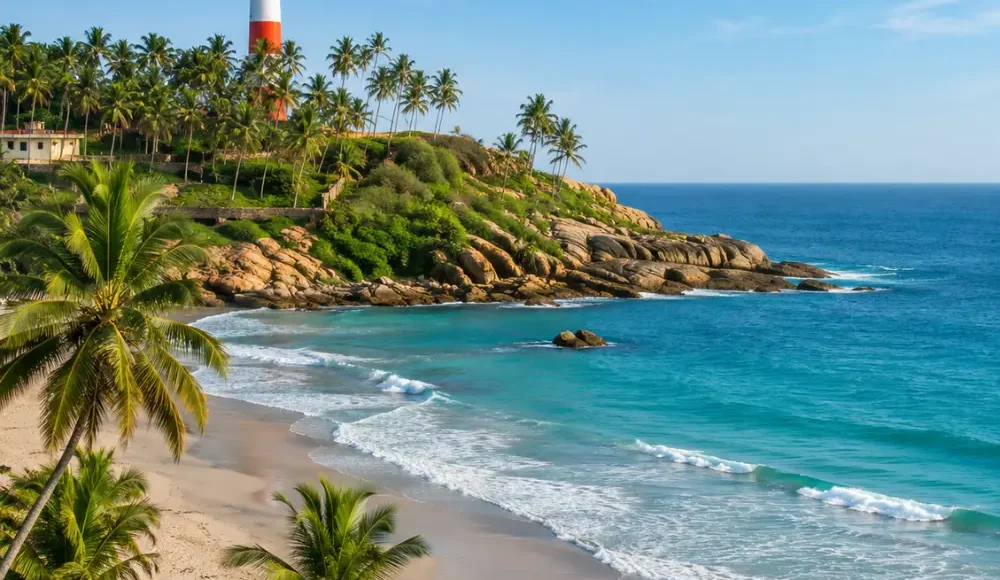 Kovalam beach with crescent shoreline, blue Arabian Sea, coconut palms and lighthouse in clear morning light.