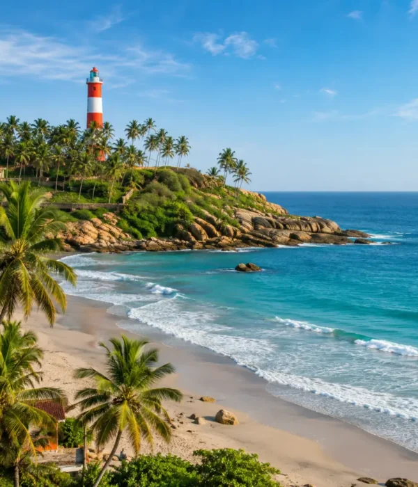 Kovalam beach with crescent shoreline, blue Arabian Sea, coconut palms and lighthouse in clear morning light.