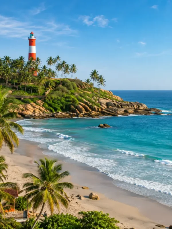 Kovalam beach with crescent shoreline, blue Arabian Sea, coconut palms and lighthouse in clear morning light.