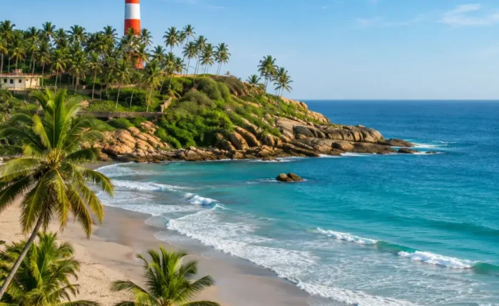Kovalam beach with crescent shoreline, blue Arabian Sea, coconut palms and lighthouse in clear morning light.
