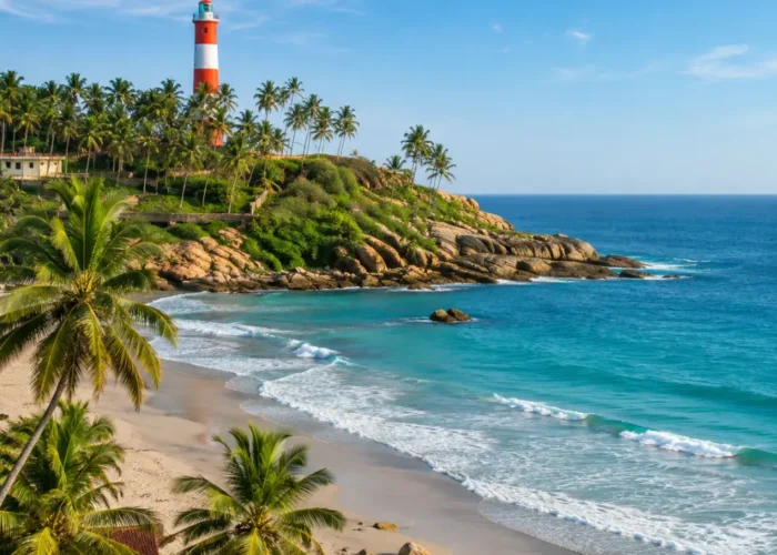 Kovalam beach with crescent shoreline, blue Arabian Sea, coconut palms and lighthouse in clear morning light.